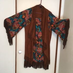 Multi colored fringe dress,suede like vest